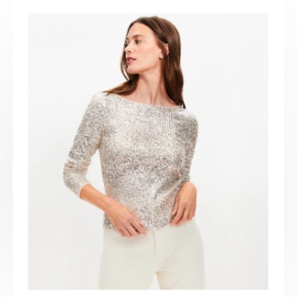 🥂NWT Loft Sequin Long Sleeve Tee Champagne Metallic in Size Medium